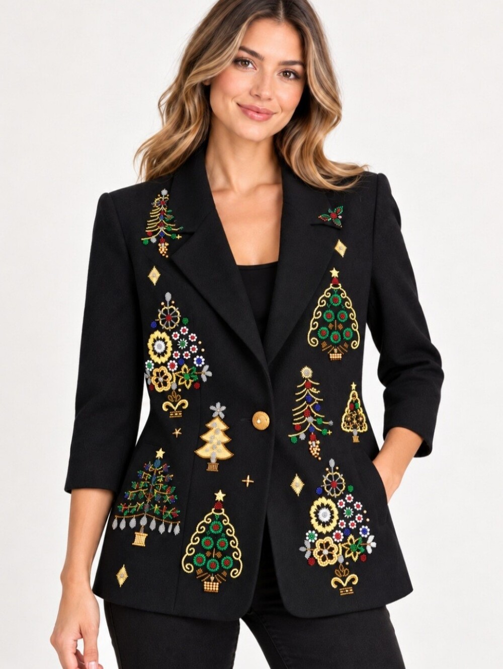 Vintage JENNA 100% Wool Beaded Embroidered Christmas Blazer 3/4 Sleeve Size 6